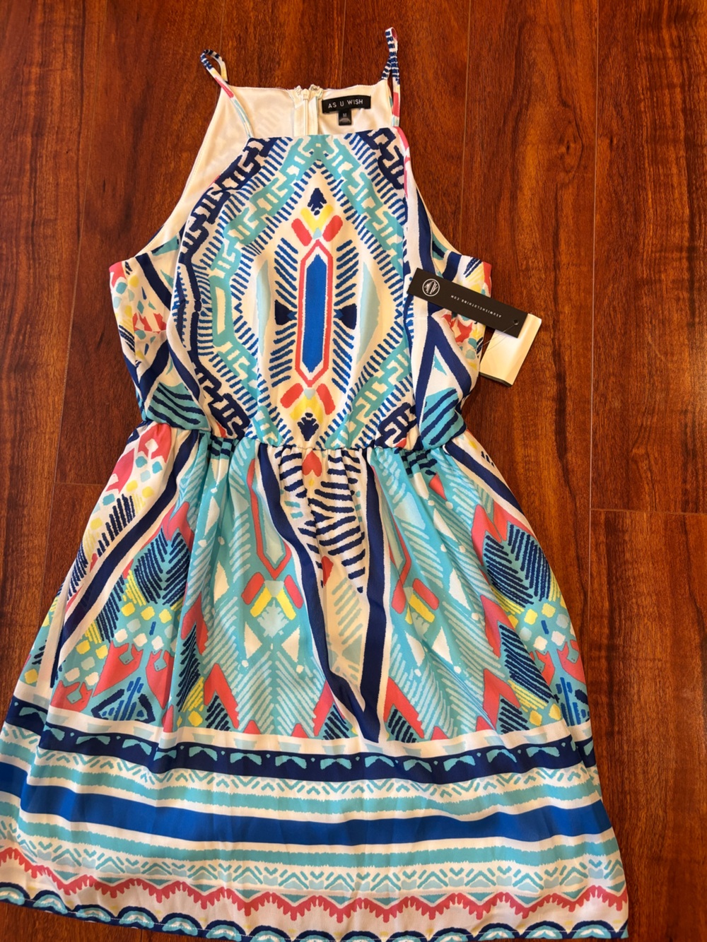 As U Wish Multicolor Tribal Print Halter Dress - Blue, Teal, Coral, Navy